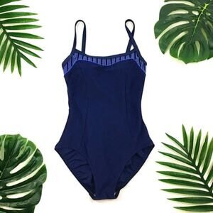 Baltex Ribbed Thin Strap One-Piece Swimsuit Womens 8 Medium Navy Blue Retro